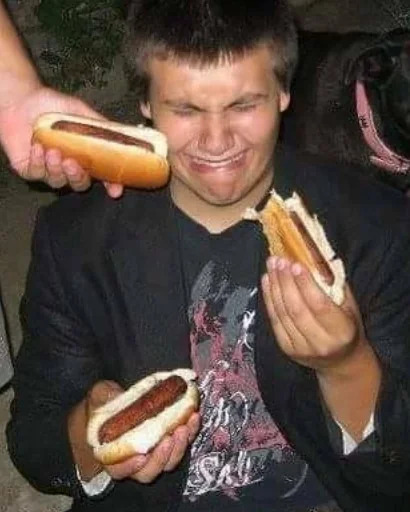 crying eating hot dogs
